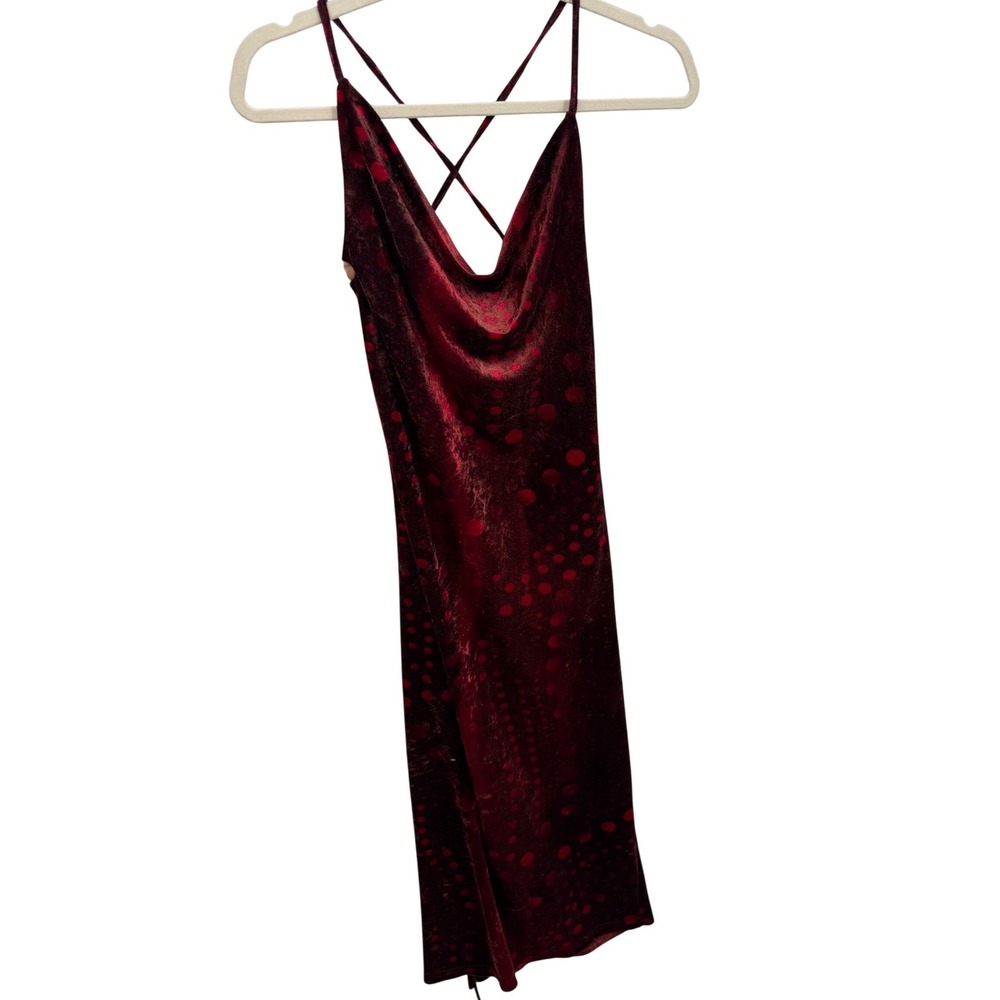 Seduce Polka Dot Velvet Midi Dress Women 10 Burgundy Cowl Neck Lace Up Back